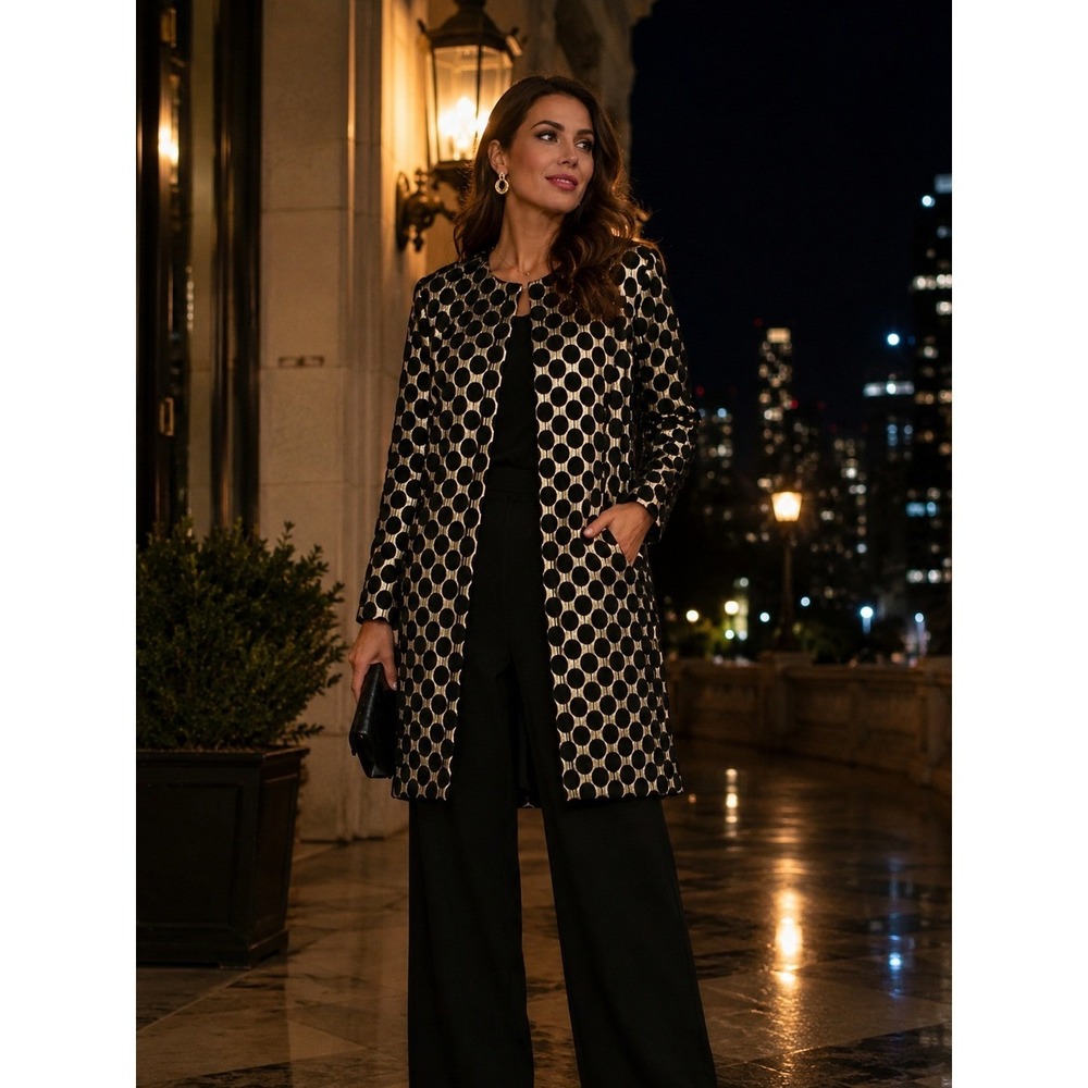 Black Label by Chico's Gold Black Polka Dot Jacquard Topper Jacket‎ Size 0 S